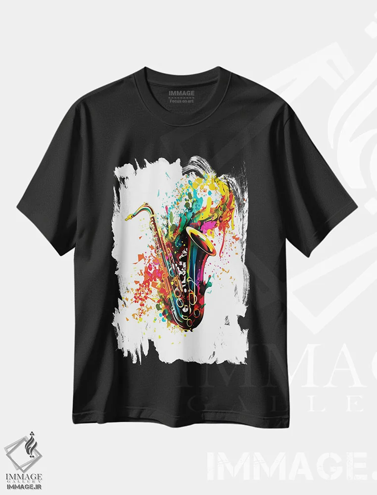 تیشرت مشکی طرح دار طرح مدرن ساکسیفون با زمینه انتزاعی، دکور معاصر اثر اولنا آرت | فروشگاه ایماژ