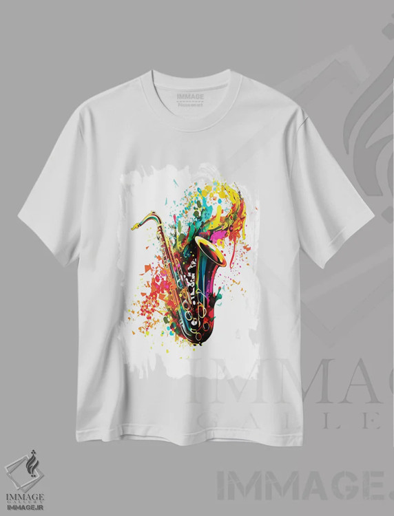 تیشرت سفید طرح دار طرح مدرن ساکسیفون با زمینه انتزاعی، دکور معاصر اثر اولنا آرت | immage.ir