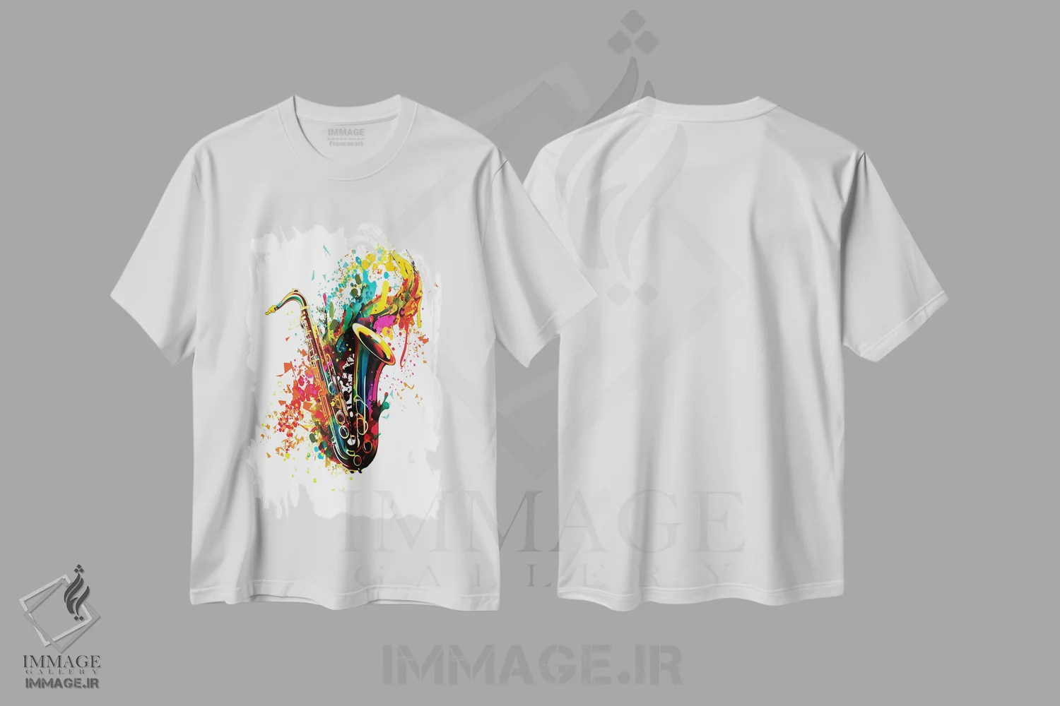 تیشرت سفید طرح دار طرح مدرن ساکسیفون با زمینه انتزاعی، دکور معاصر اثر اولنا آرت | immage.ir