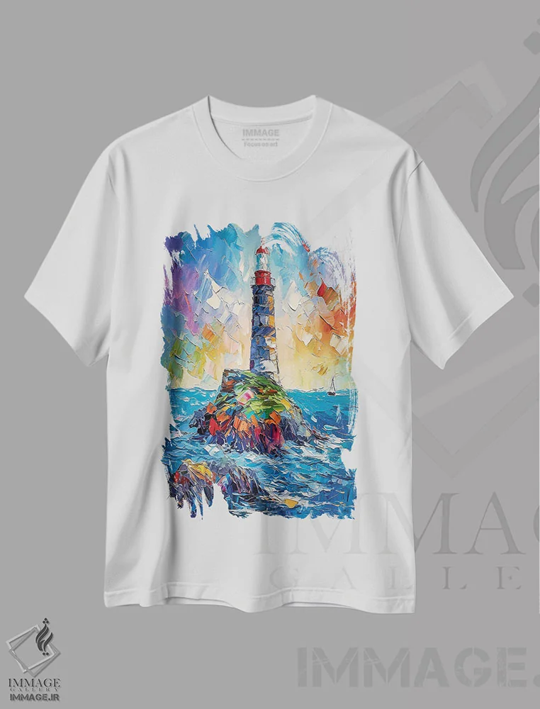 تیشرت سفید طرح دار فانوس دریایی دریا، تزئینی اثر اولنا آرت | immage.ir