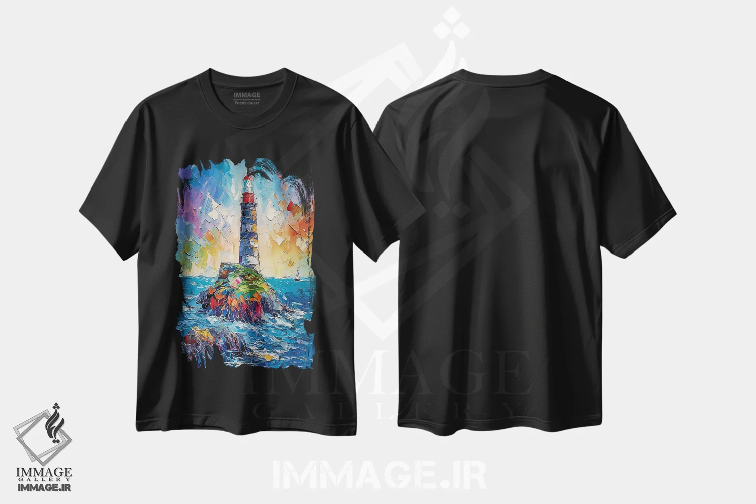 تیشرت مشکی طرح دار فانوس دریایی دریا، تزئینی اثر اولنا آرت | فروشگاه ایماژ