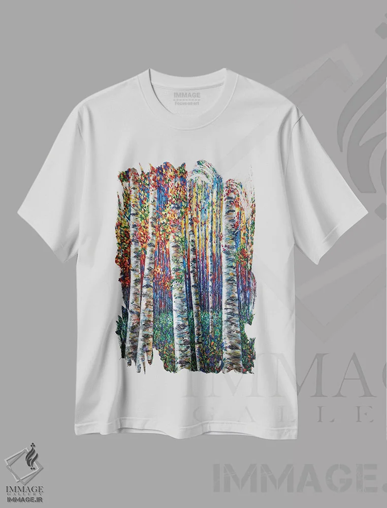 تیشرت سفید طرح دار سمفونی سپیدارها، نقاشی جنگل با تکنیک ایمپاستو، دکور کلبه و لژ اثر اولنا آرت | فروشگاه ایماژ