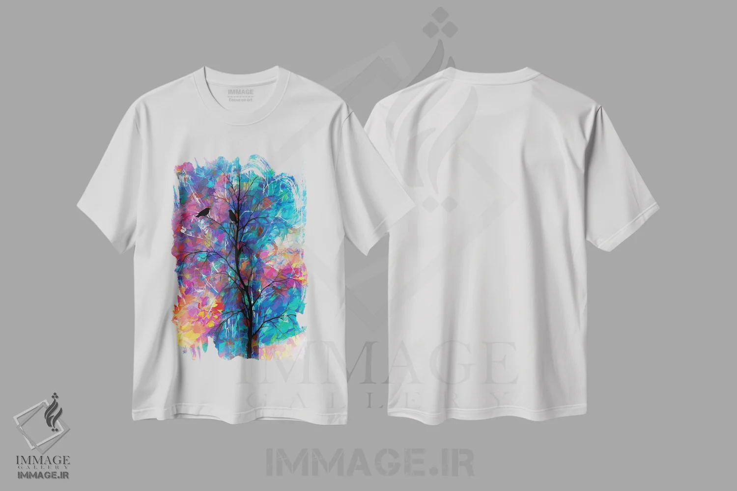 تیشرت سفید طرح دار پرندگان عاشق، هنر فاخر معاصر اثر اولنا آرت | فروشگاه ایماژ