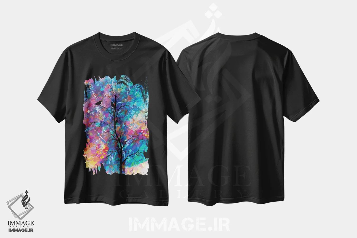 تیشرت مشکی طرح دار پرندگان عاشق، هنر فاخر معاصر اثر اولنا آرت | immage.ir