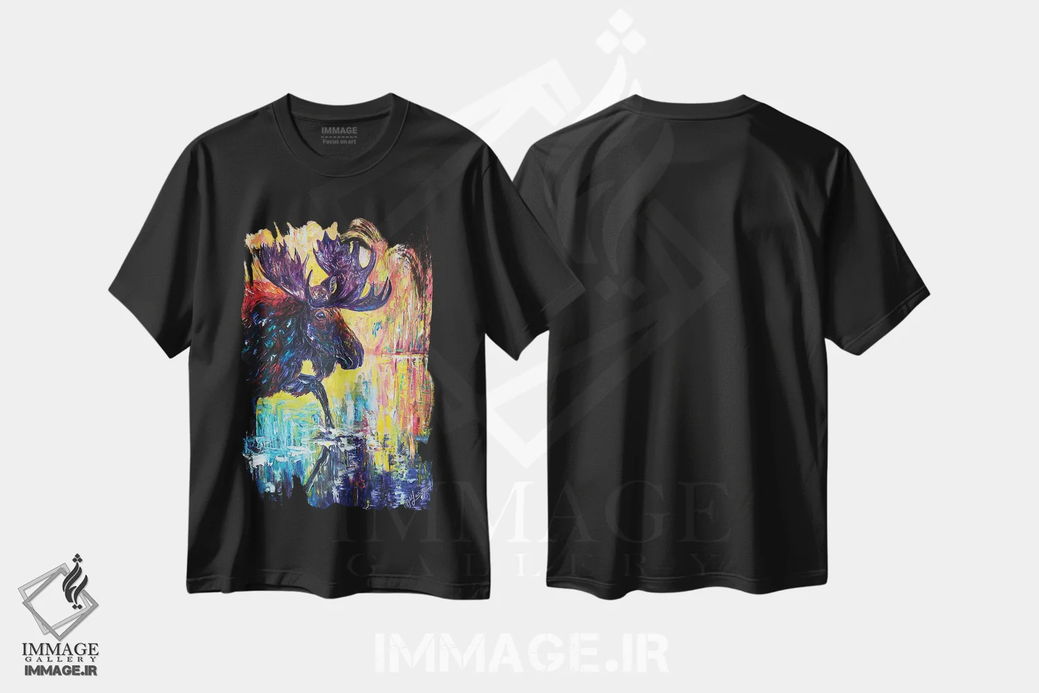 تیشرت مشکی طرح دار گوزن شمالی، هنر فاخر معاصر اثر اولنا آرت | فروشگاه ایماژ