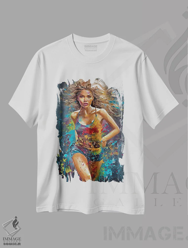 تیشرت سفید طرح دار دویدن انفرادی برای تمرین استقامت، مدیوم اثر اولنا آرت | فروشگاه ایماژ
