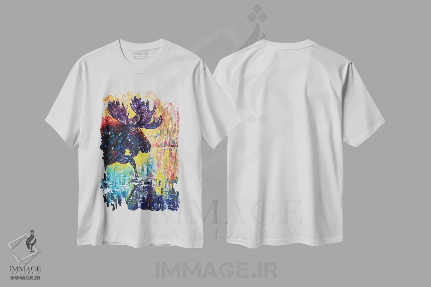 تیشرت سفید طرح دار گوزن شمالی، هنر فاخر معاصر اثر اولنا آرت | immage.ir