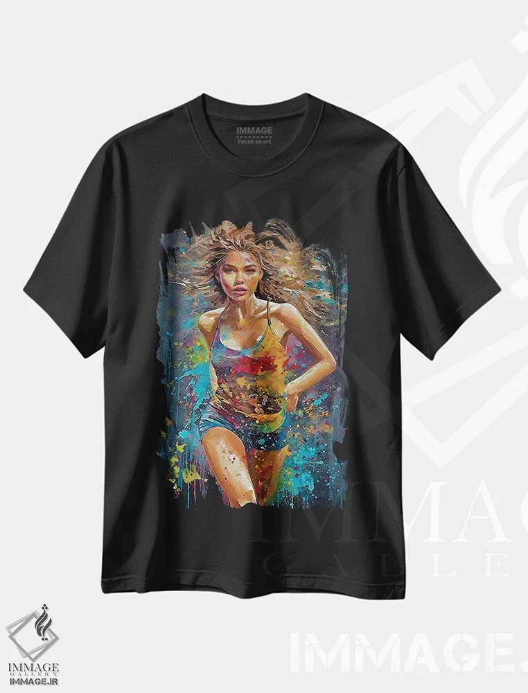 تیشرت مشکی طرح دار دویدن انفرادی برای تمرین استقامت، مدیوم اثر اولنا آرت | immage.ir