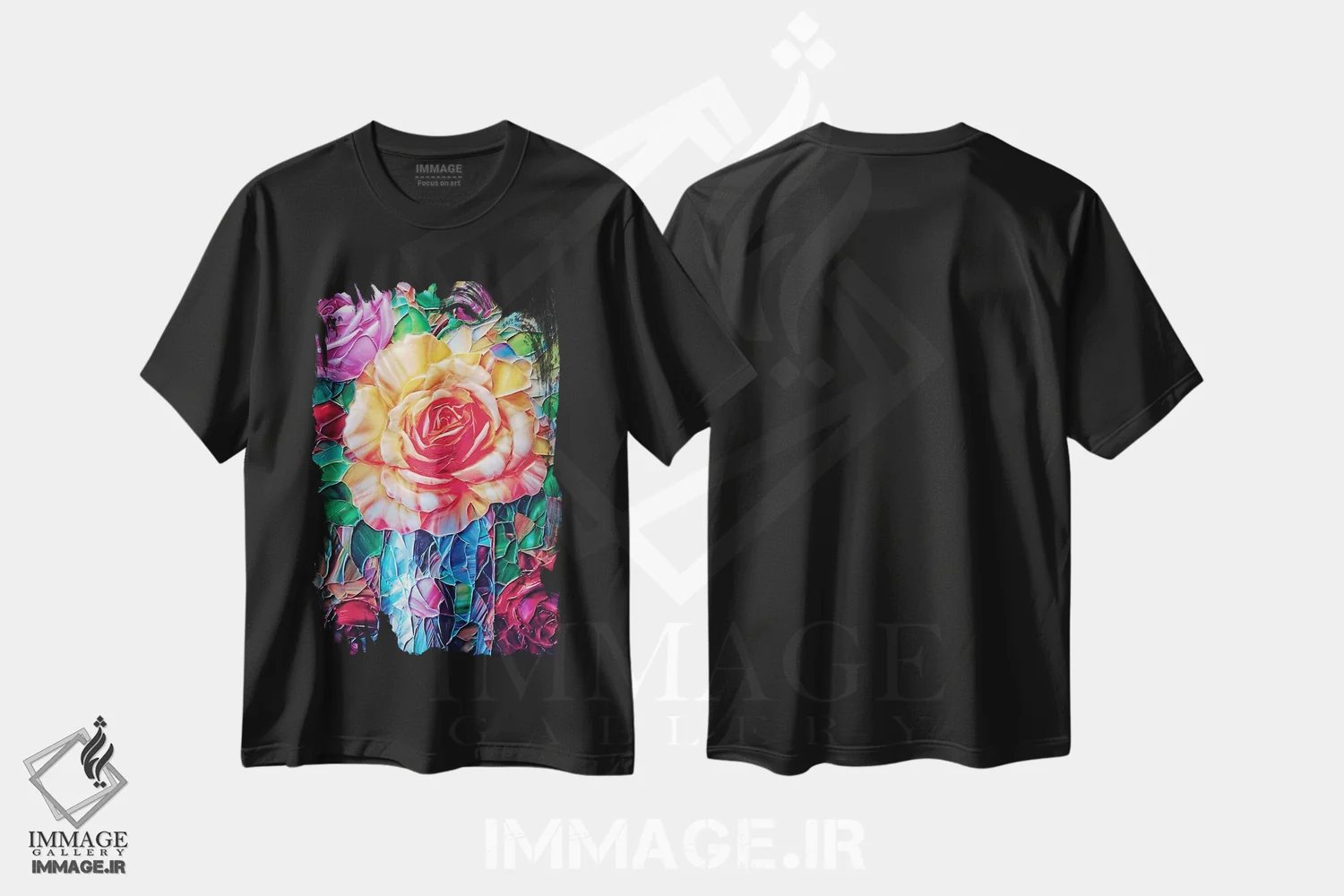 تیشرت مشکی طرح دار رزهای انگلیسی تزئینی در گلدان آنتیک، مدیوم اثر اولنا آرت | immage.ir