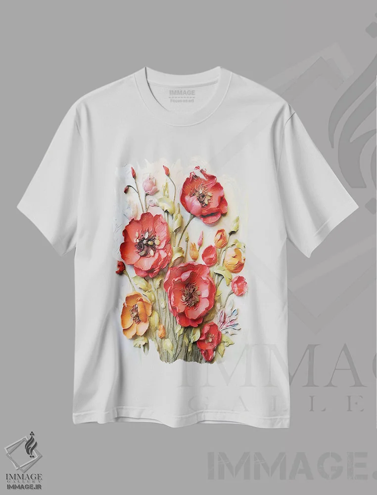 تیشرت سفید طرح دار راپسودی نهفته در شکوفه های شقایق به سبک ایمپاستو، دکور معاصر اثر اولنا آرت | فروشگاه ایماژ