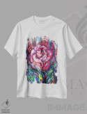 تیشرت سفید طرح دار نقاشی روغنی گل رز صورتی، هنر فاخر معاصر اثر اولنا آرت | فروشگاه ایماژ