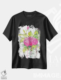تیشرت مشکی طرح دار رز صورتی آبرنگی، هنر فاخر معاصر اثر اولنا آرت | فروشگاه ایماژ
