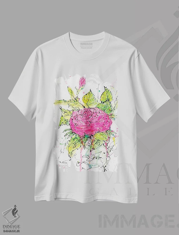 تیشرت سفید طرح دار رز صورتی آبرنگی، هنر فاخر معاصر اثر اولنا آرت | immage.ir