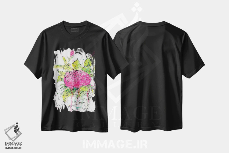 تیشرت مشکی طرح دار رز صورتی آبرنگی، هنر فاخر معاصر اثر اولنا آرت | فروشگاه ایماژ
