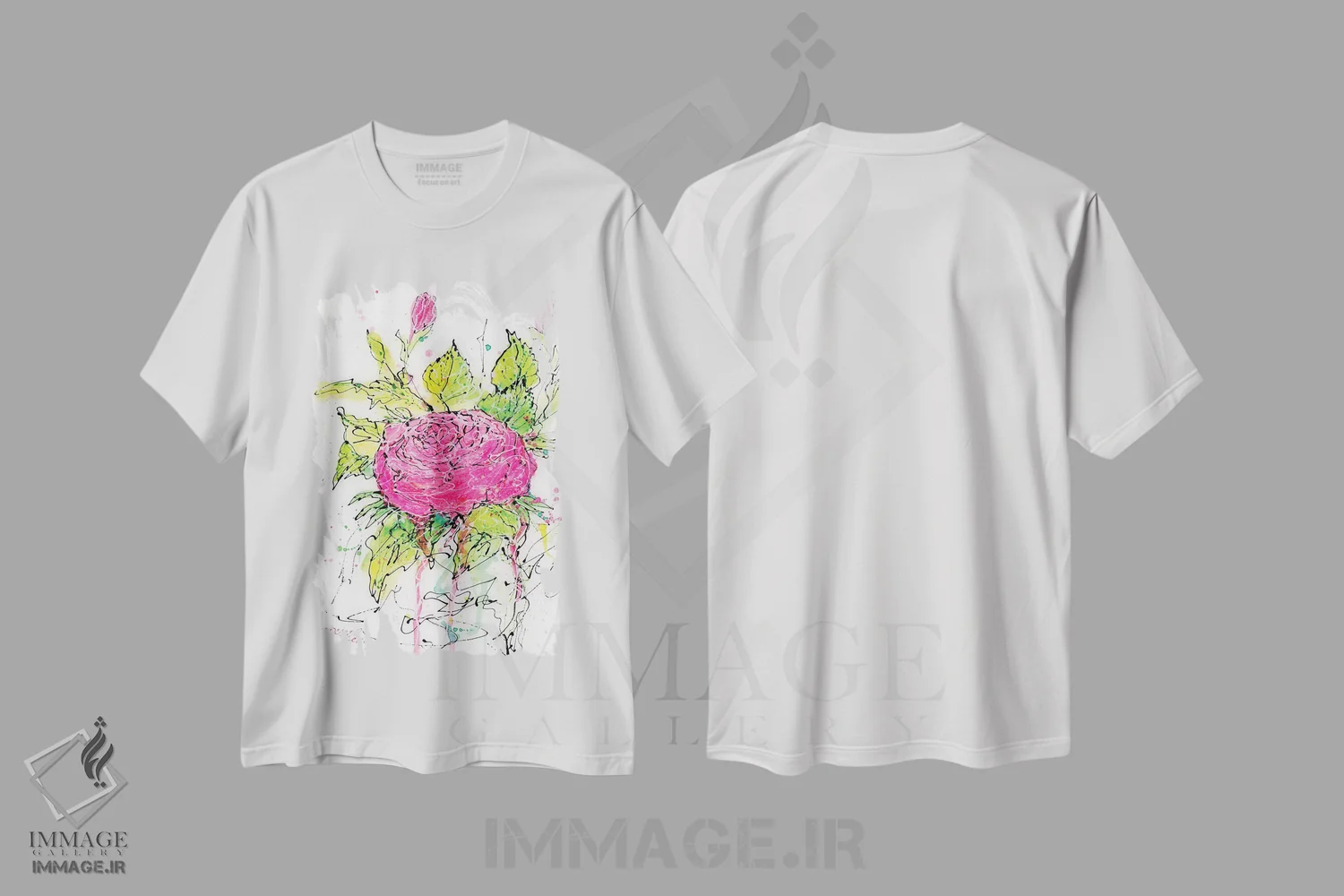 تیشرت سفید طرح دار رز صورتی آبرنگی، هنر فاخر معاصر اثر اولنا آرت | immage.ir