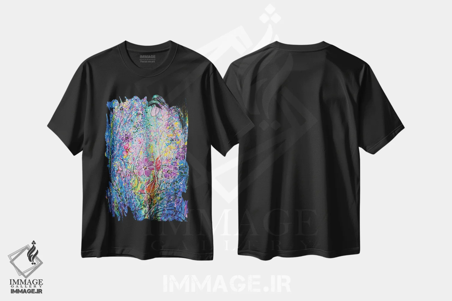 تیشرت مشکی طرح دار گل های بهاری، هنر فاخر معاصر اثر اولنا آرت | فروشگاه ایماژ
