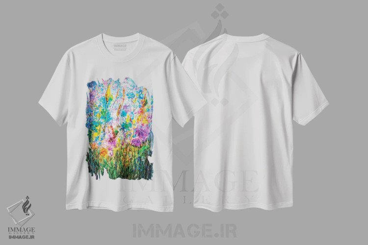 تیشرت سفید طرح دار چمنزار تابستانی، آبستره اثر اولنا آرت | immage.ir