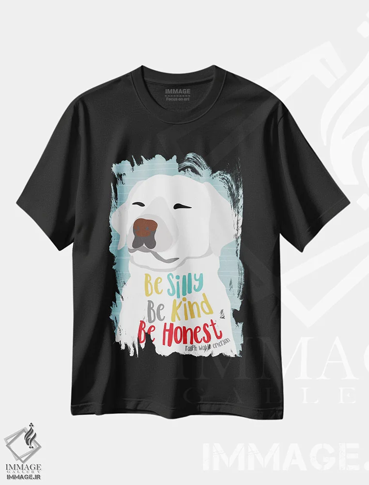 تیشرت مشکی طرح دار شاد، مهربان و صادق باش، تایپوگرافی اثر جینجر الیفنت | فروشگاه ایماژ