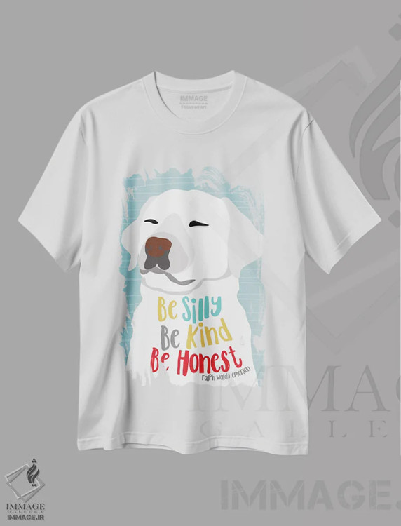 تیشرت سفید طرح دار شاد، مهربان و صادق باش، تایپوگرافی اثر جینجر الیفنت | immage.ir