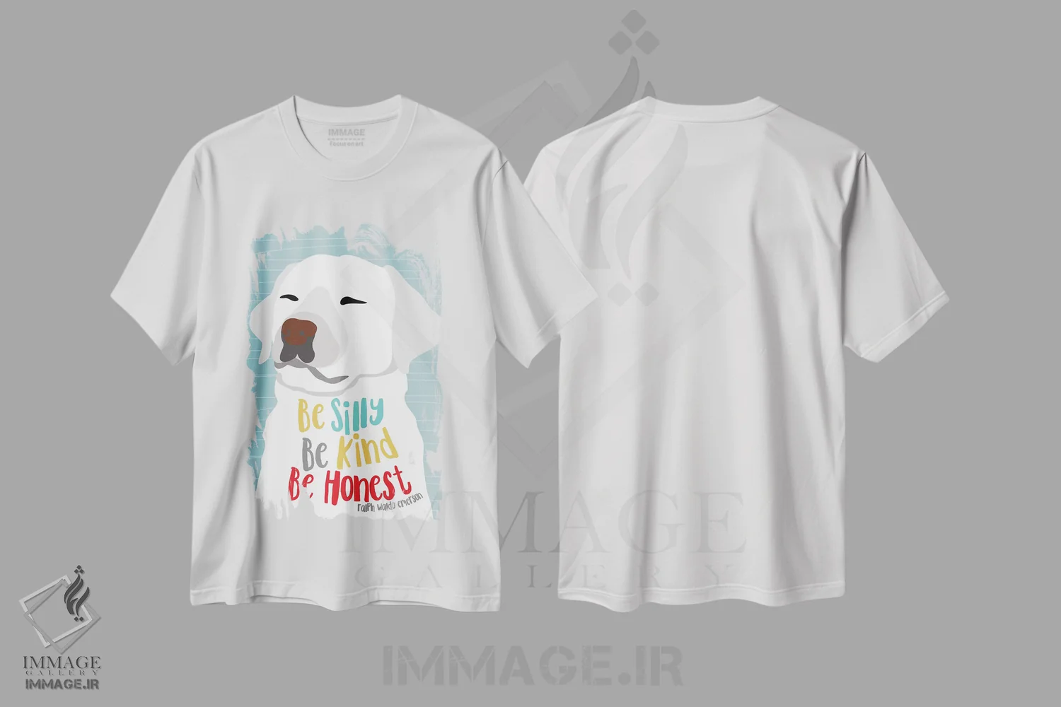 تیشرت سفید طرح دار شاد، مهربان و صادق باش، تایپوگرافی اثر جینجر الیفنت | immage.ir
