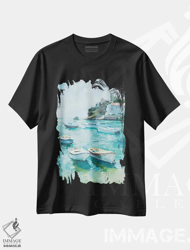 تیشرت مشکی طرح دار تعطیلات فراموش نشدنی کنار دریا، دکور معاصر اثر اولا لپتیوا | فروشگاه ایماژ