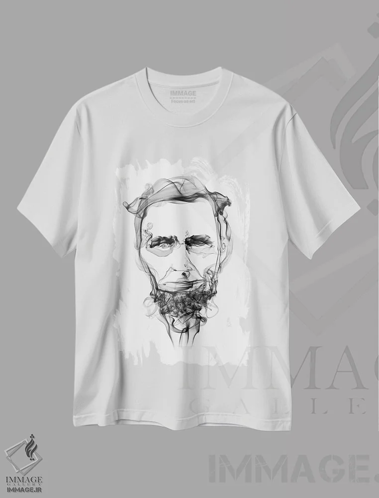 تیشرت سفید طرح دار آبراهام لینکلن، هنر دیجیتال سیاه و سفید اثر اکتاویان میلو | فروشگاه ایماژ