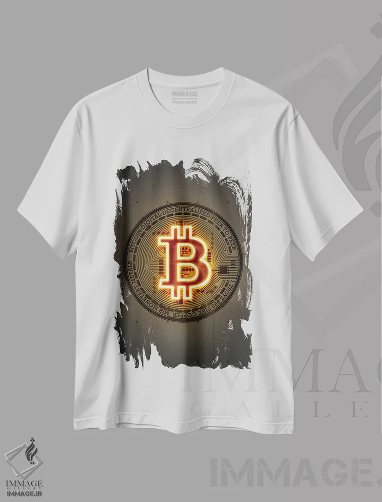 تیشرت سفید طرح دار بیت کوین، هنر دیجیتال اثر اکتاویان میلو | فروشگاه ایماژ