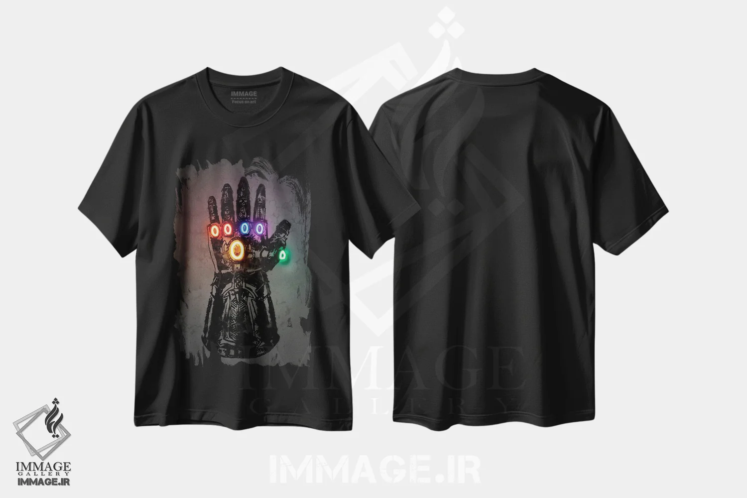 تیشرت مشکی طرح دار دستکش تانوس، هنر دیجیتال اثر اکتاویان میلو | فروشگاه ایماژ