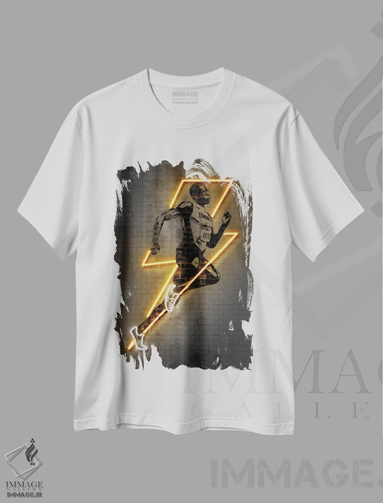 تیشرت سفید طرح دار یوسین بولت، هنر آمریکایی آفریقایی تبار اثر اکتاویان میلو | فروشگاه ایماژ