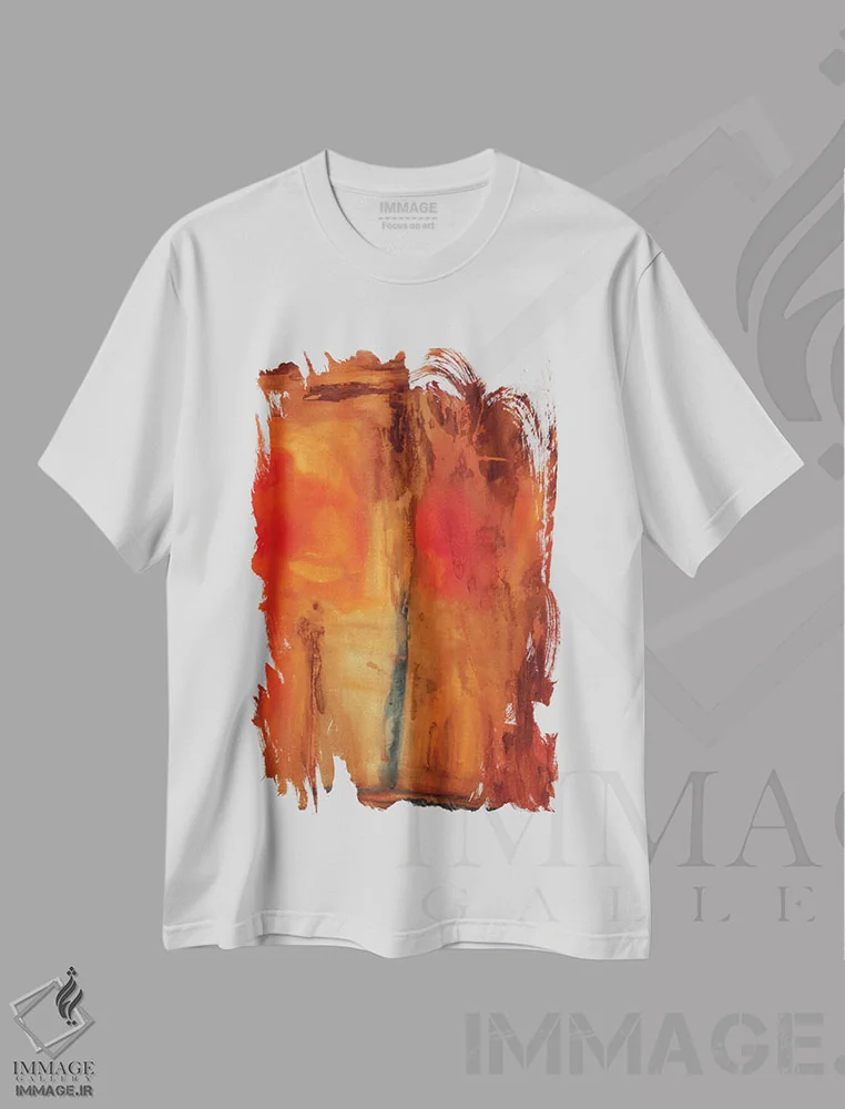 تیشرت سفید طرح دار درخشش نارنجی اثر میشل اوپنهایمر | immage.ir