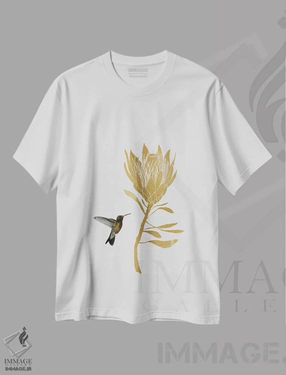 تیشرت سفید طرح دار مرغ مگس خوار و گل II، تزئینی اثر اورارا استودیو | immage.ir
