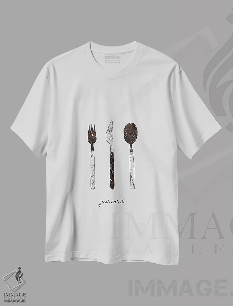 تیشرت سفید طرح دار فقط بخورش، تزئینی اثر اورارا استودیو | فروشگاه ایماژ