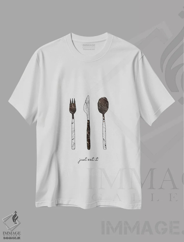 تیشرت سفید طرح دار فقط بخورش، تزئینی اثر اورارا استودیو | فروشگاه ایماژ