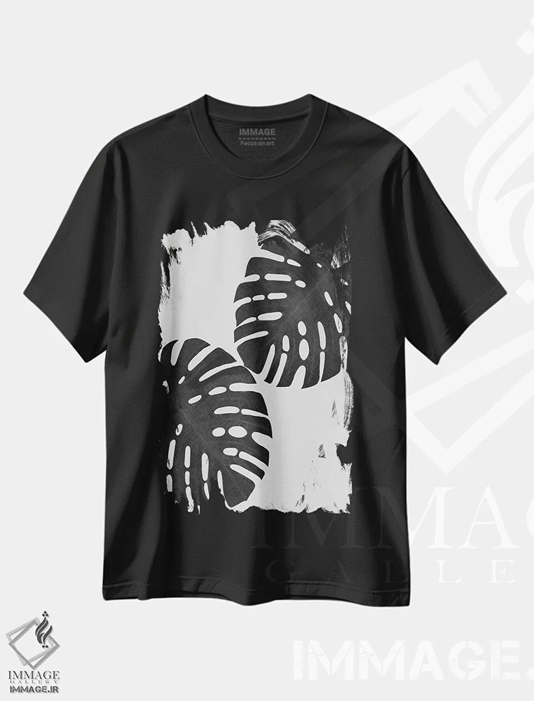 تیشرت مشکی طرح دار برگ مانسترا I، دکور بوهمی اثر اورارا استودیو | فروشگاه ایماژ