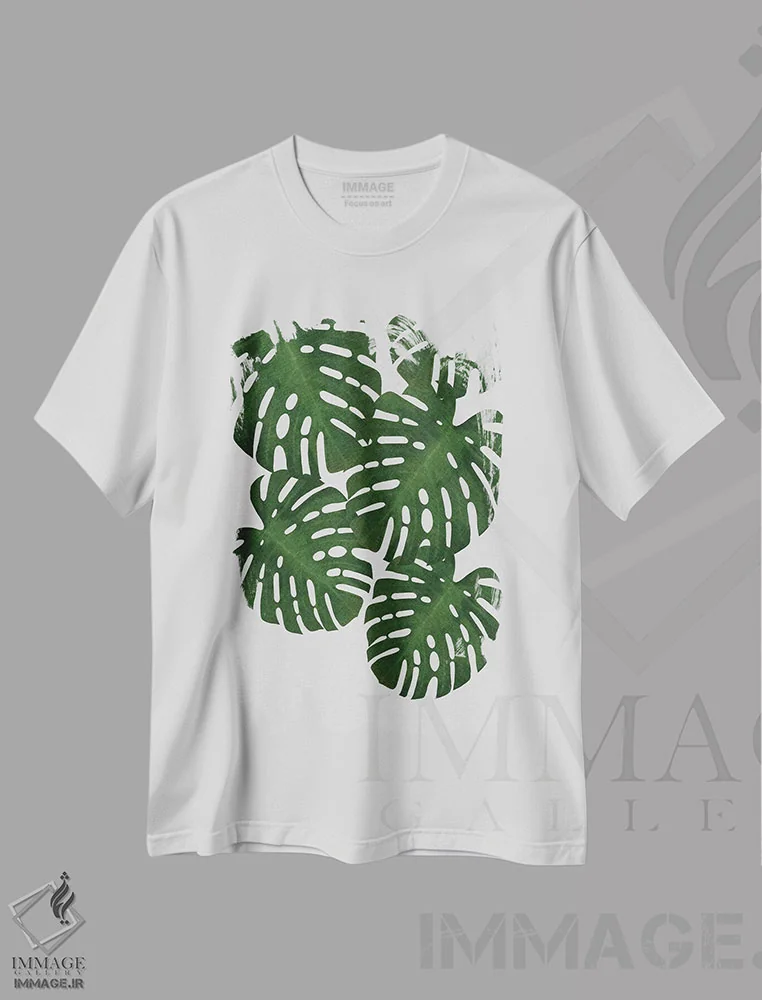تیشرت سفید طرح دار برگ مانسترا II، دکور بوهمی اثر اورارا استودیو | فروشگاه ایماژ