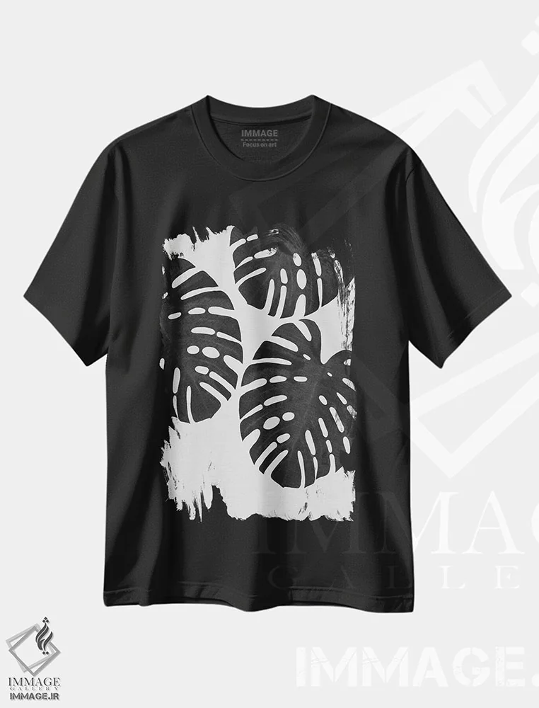 تیشرت مشکی طرح دار برگ مانسترا III، دکور بوهمی اثر اورارا استودیو | فروشگاه ایماژ