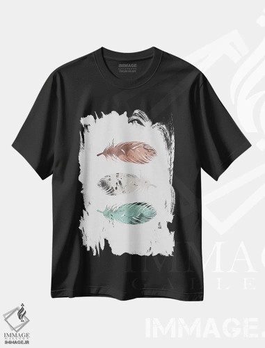 تیشرت مشکی طرح دار پرهای پاستلی، تزئینی اثر اورارا استودیو | فروشگاه ایماژ