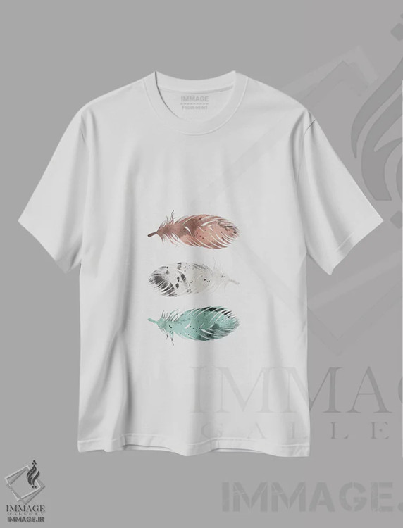 تیشرت سفید طرح دار پرهای پاستلی، تزئینی اثر اورارا استودیو | immage.ir