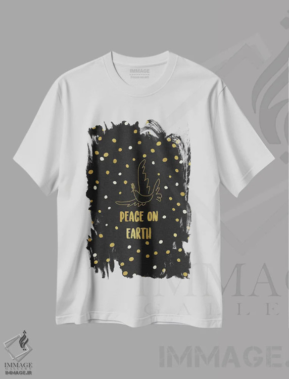 تیشرت سفید طرح دار صلح بر زمین، تابلو و عبار ت های کریسمسی اثر اورارا استودیو | immage.ir