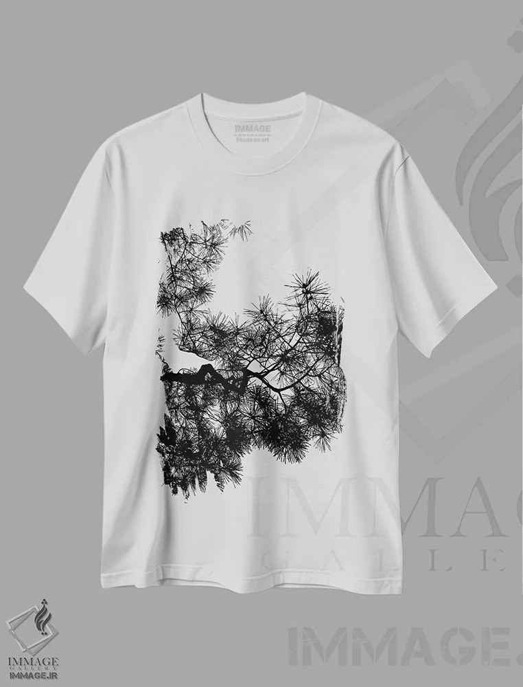 تیشرت سفید طرح دار درخت کاج، تزئینی اثر اورارا استودیو | immage.ir