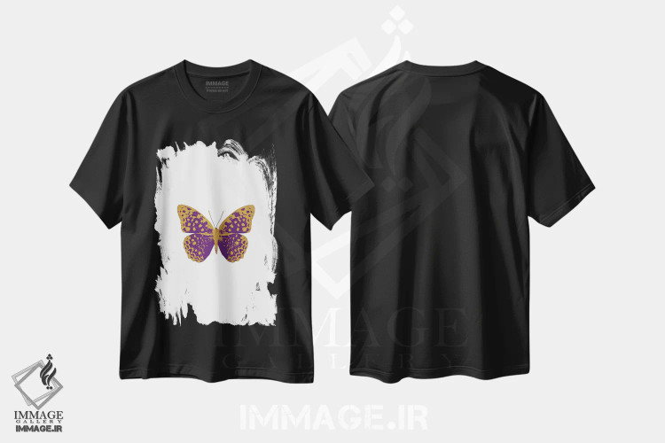 تیشرت مشکی طرح دار پروانه بنفش، تزئینی اثر اورارا استودیو | immage.ir
