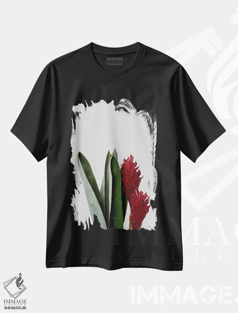تیشرت مشکی طرح دار گل قرمز، دکور بوهمی اثر اورارا استودیو | فروشگاه ایماژ