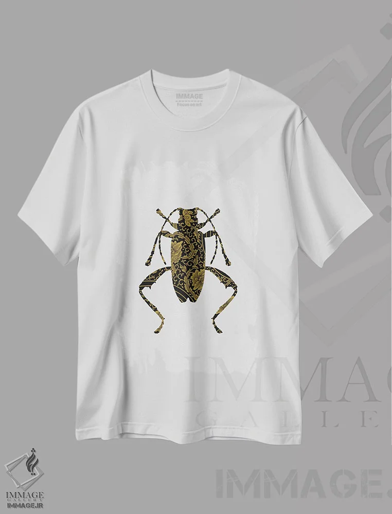 تیشرت سفید طرح دار سوسک مشکی و طلایی IV، تزئینی اثر اورارا استودیو | فروشگاه ایماژ
