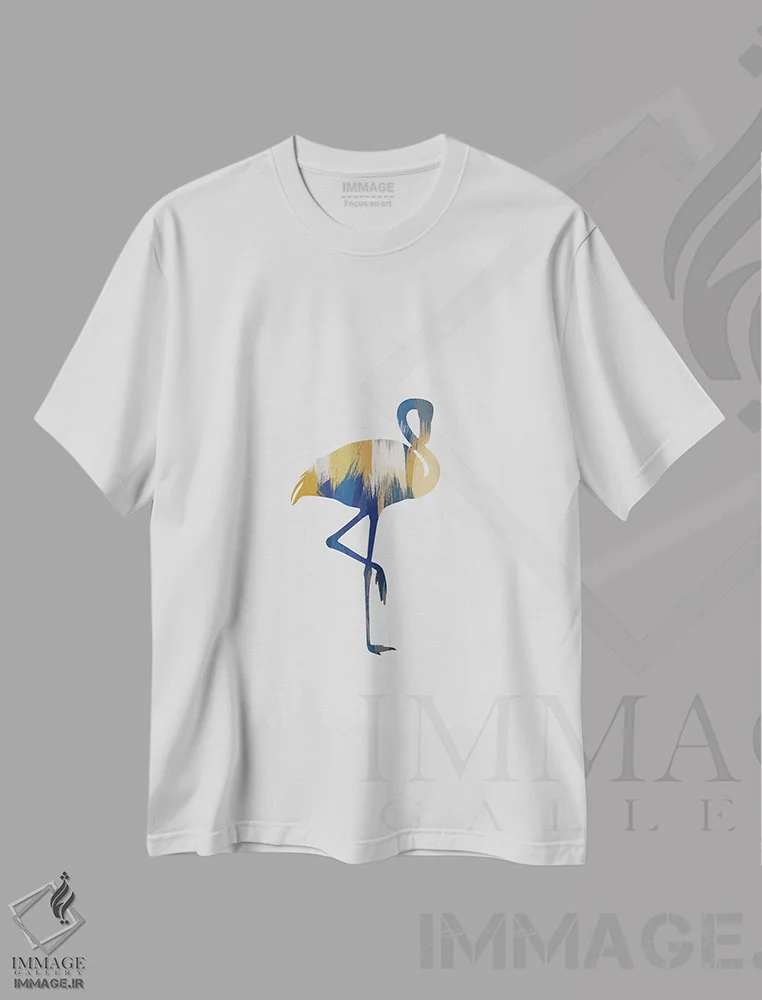 تیشرت سفید طرح دار فلامینگو آبی و زرد، تزئینی اثر اورارا استودیو | فروشگاه ایماژ