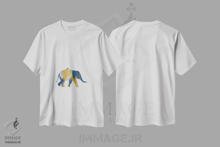 تیشرت سفید طرح دار فیل آبی و زرد، تزئینی اثر اورارا استودیو | immage.ir