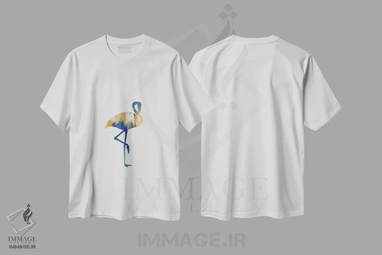 تیشرت سفید طرح دار فلامینگو آبی و زرد، تزئینی اثر اورارا استودیو | فروشگاه ایماژ