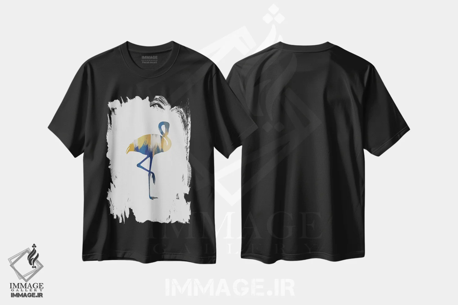 تیشرت مشکی طرح دار فلامینگو آبی و زرد، تزئینی اثر اورارا استودیو | immage.ir