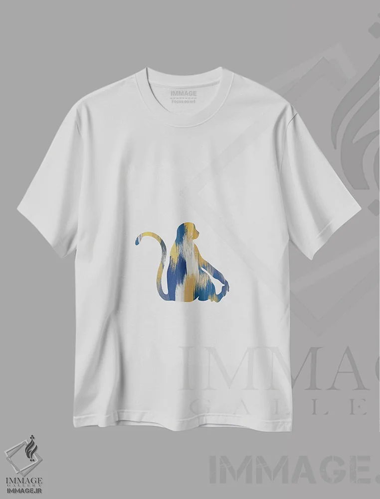 تیشرت سفید طرح دار میمون آبی و زرد، تزئینی اثر اورارا استودیو | فروشگاه ایماژ
