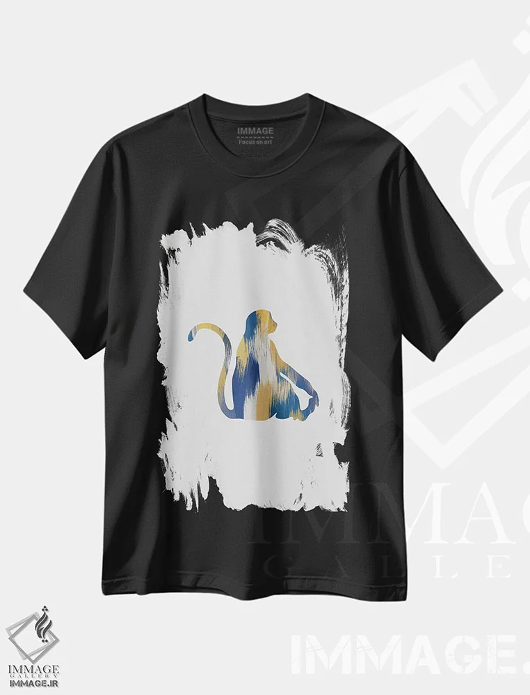 تیشرت مشکی طرح دار میمون آبی و زرد، تزئینی اثر اورارا استودیو | immage.ir