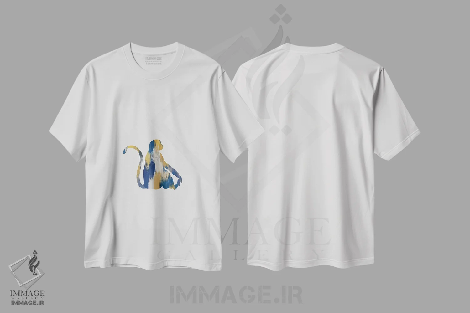 تیشرت سفید طرح دار میمون آبی و زرد، تزئینی اثر اورارا استودیو | فروشگاه ایماژ
